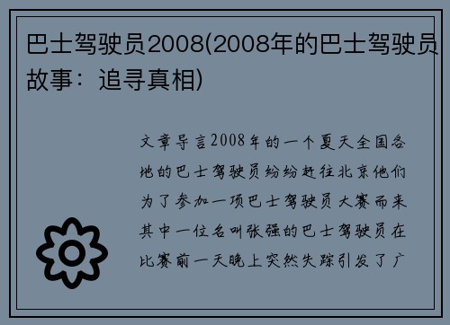 巴士驾驶员2008(2008年的巴士驾驶员故事：追寻真相)